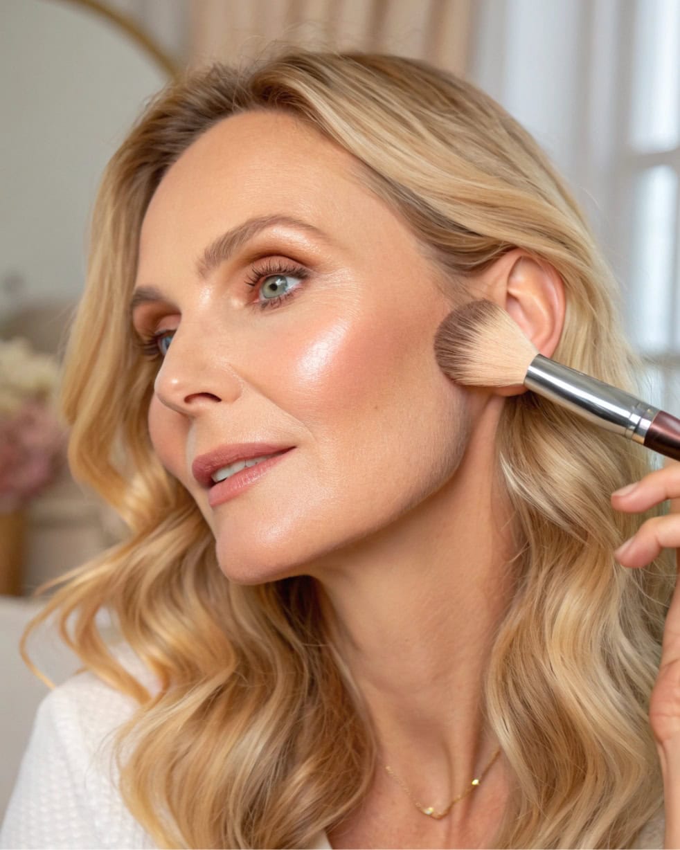 Vloeiend huidverzorgingsmake-up, vrouw gebruikt make-upkwast op wang, mooie glanzende huid, natuurlijke schoonheidslook, professioneel make-up applicatie.
