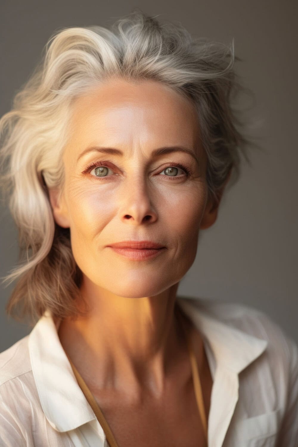 Natuurlijke schoonheid van een oudere vrouw met stralende huid en zilvergrijze haar.