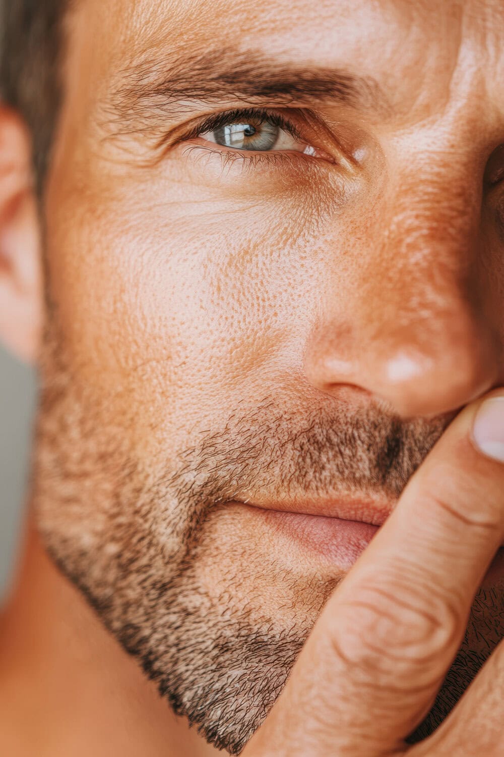 Zicht op een man met verzorgde huid en stubble, close-up.