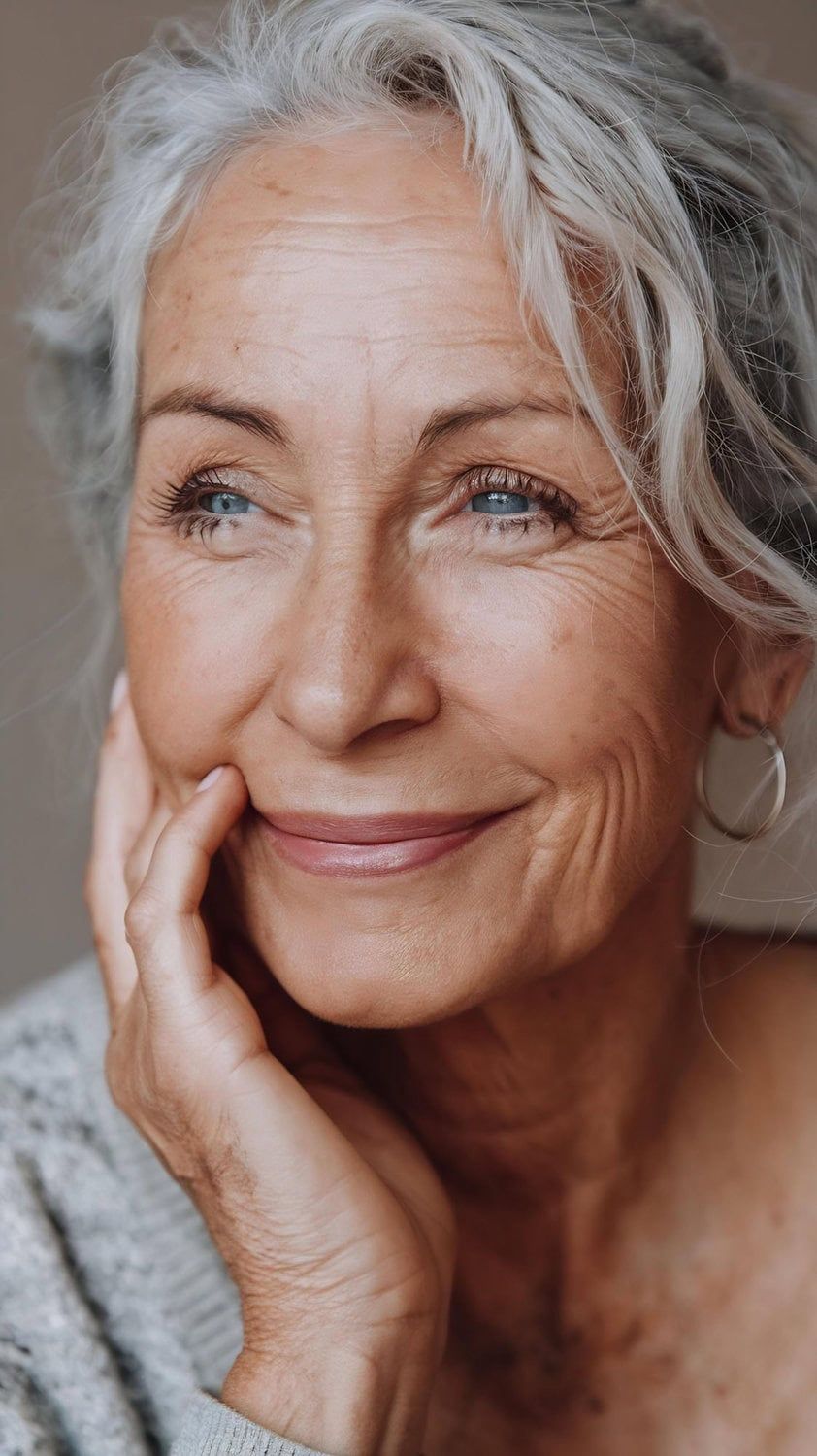 Lichte, oudere vrouw met vriendelijke uitstraling en prachtige huid, geschikt voor anti-aging huidbehandelingen.