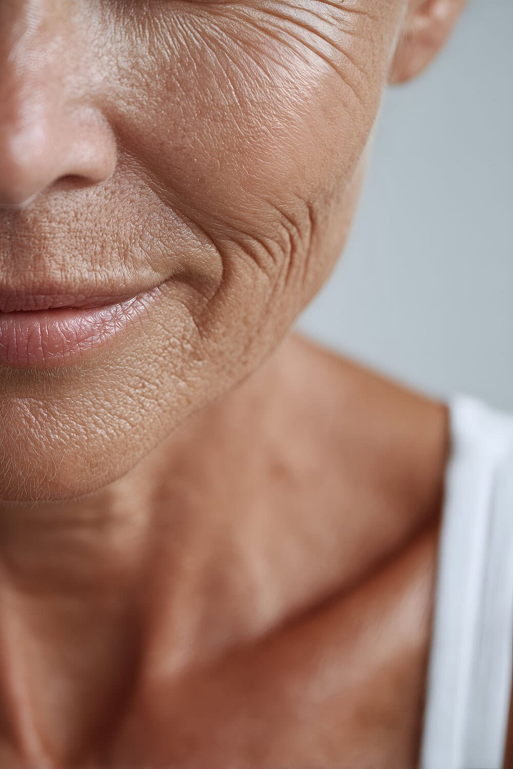 Zicht op rijpe huid met fijne lijntjes en huidverbetering, gericht op huidverjonging en anti-aging behandelingen.