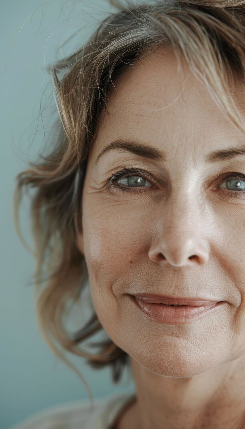 Bijschrift: Elegante vrouw met mooie huid, perfect voor huidverjonging en anti-aging behandelingen bij Glow Clinic.