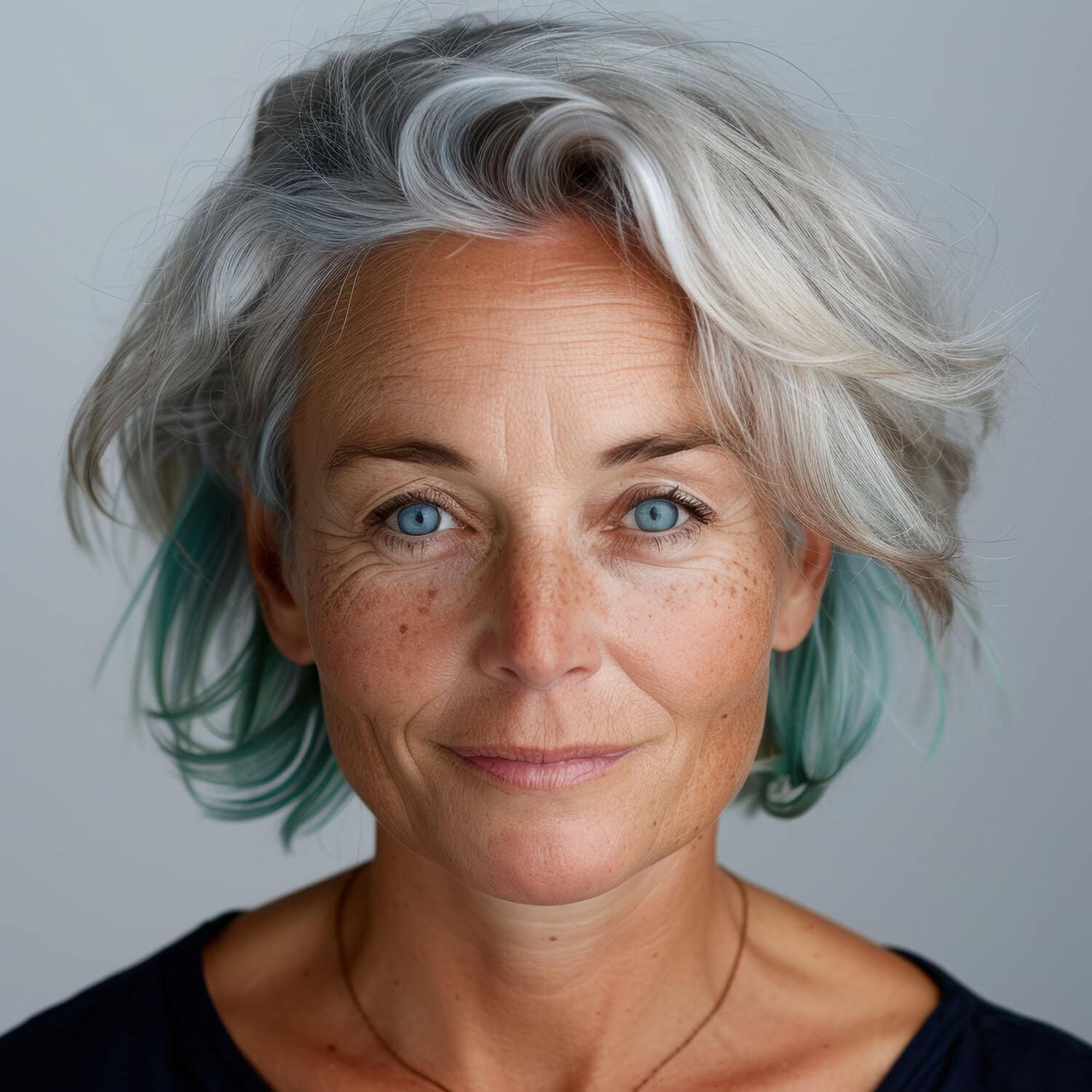 Stralende oudere vrouw met mooie, natuurlijke huid en opvallende blauwe ogen.