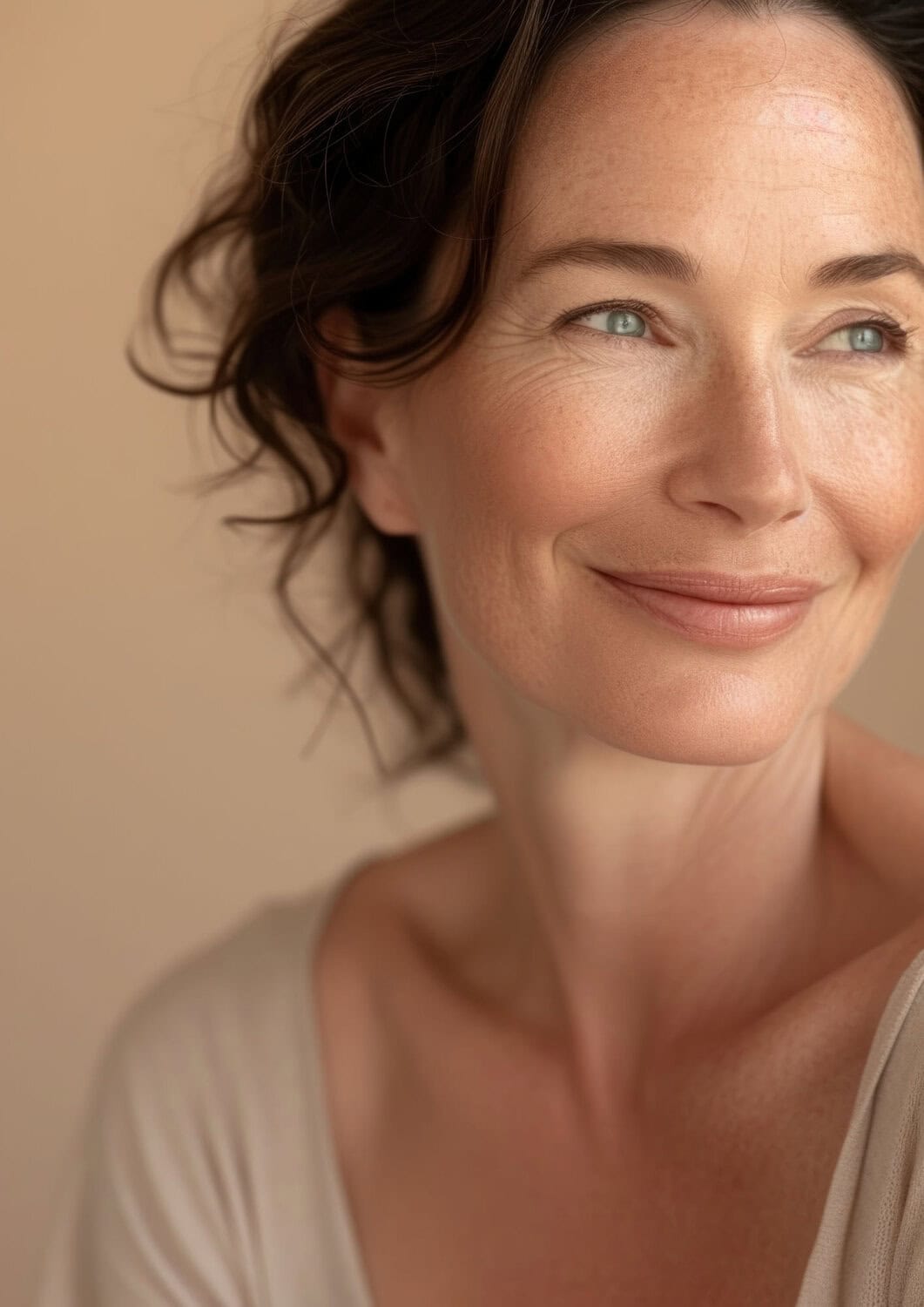 Stralende vrouw met gladde huid en natuurlijke uitstraling, huidverzorging en anti-aging behandelingen bij Glow Clinic.