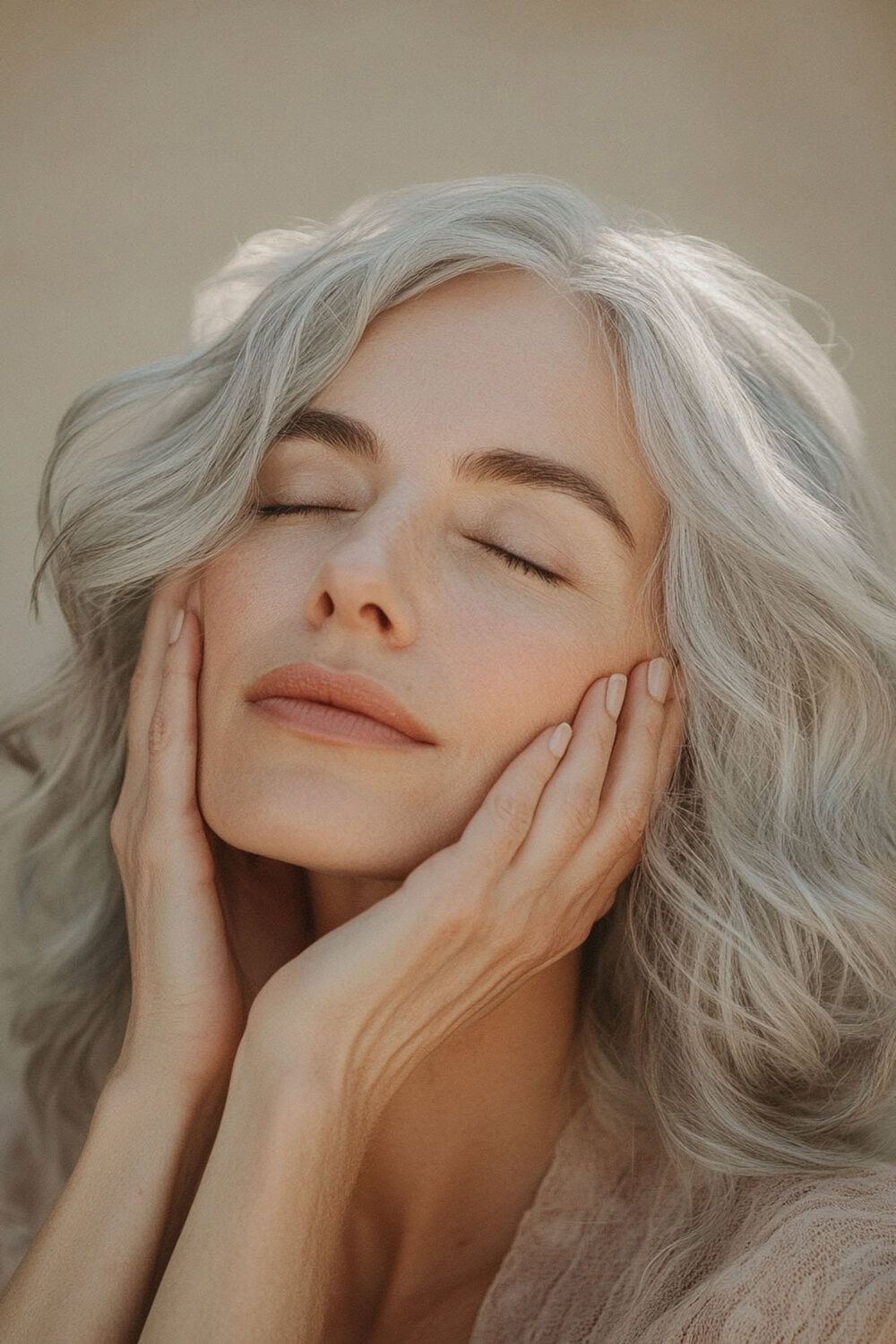Groothoekfoto van een tevreden vrouw met stralende huid en mooie grijze lokken, na huidverbeterende behandeling bij Glow Clinic.