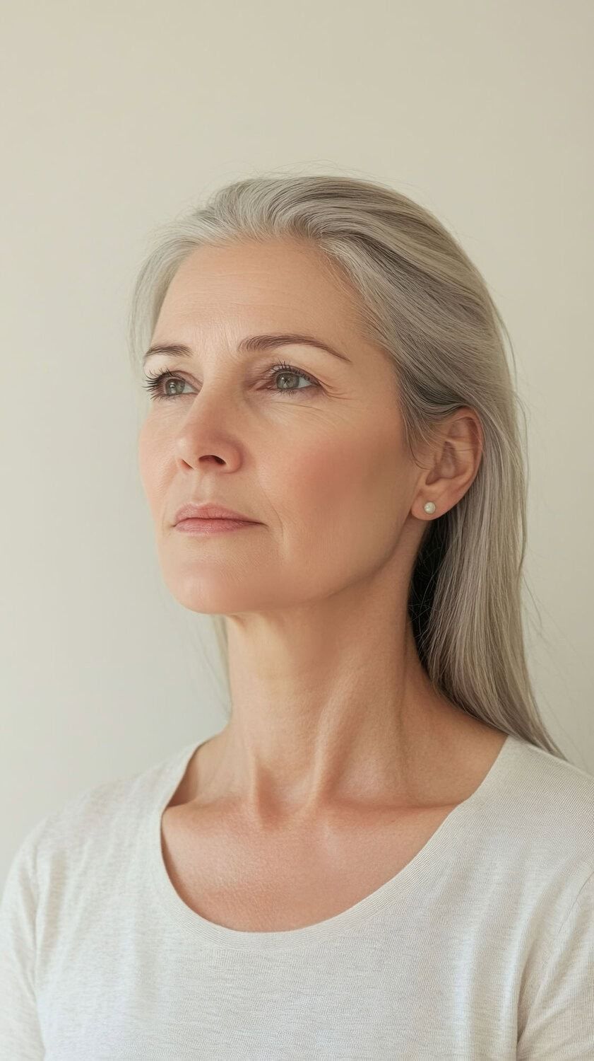 Stralende oudere vrouw met frisse huid, huidverbetering en anti-aging behandelingen.