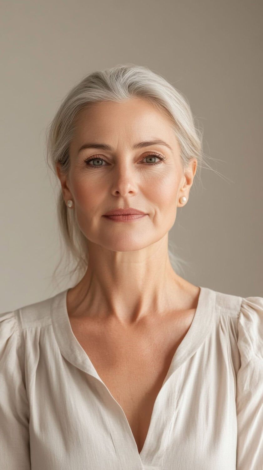 Stralende oudere vrouw met egaal huid en natuurlijke uitstraling, symbool voor huidverbetering en anti-aging behandelingen.