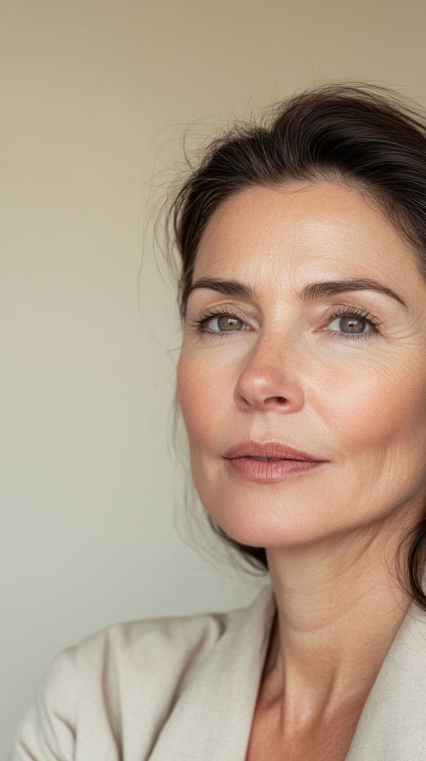 Natuurlijke vrouw met huidverbetering, glow en stralende huid.