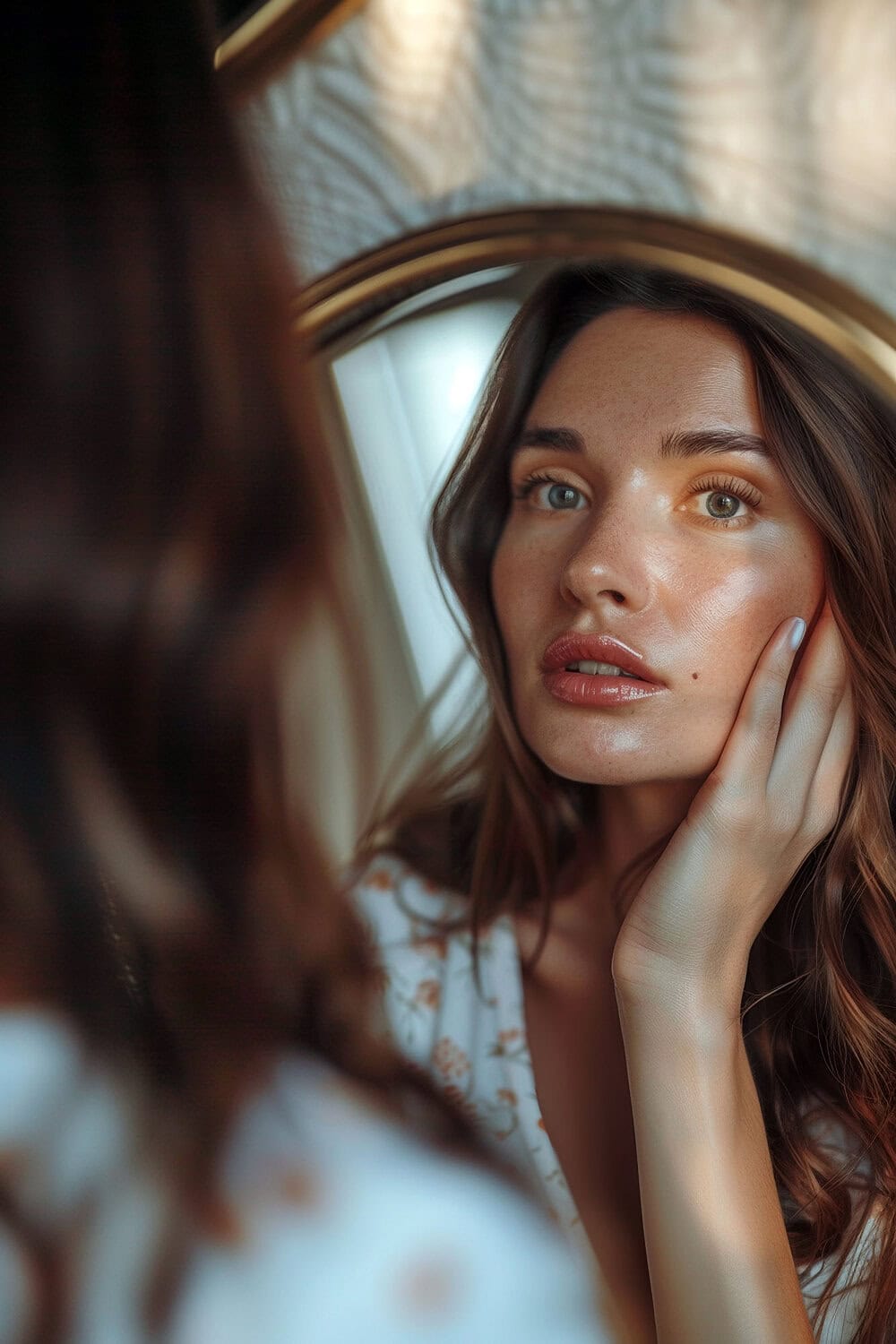 Gezicht van een vrouw die naar haar spiegelbeeld kijkt, afgelicht met natuurlijk daglicht.