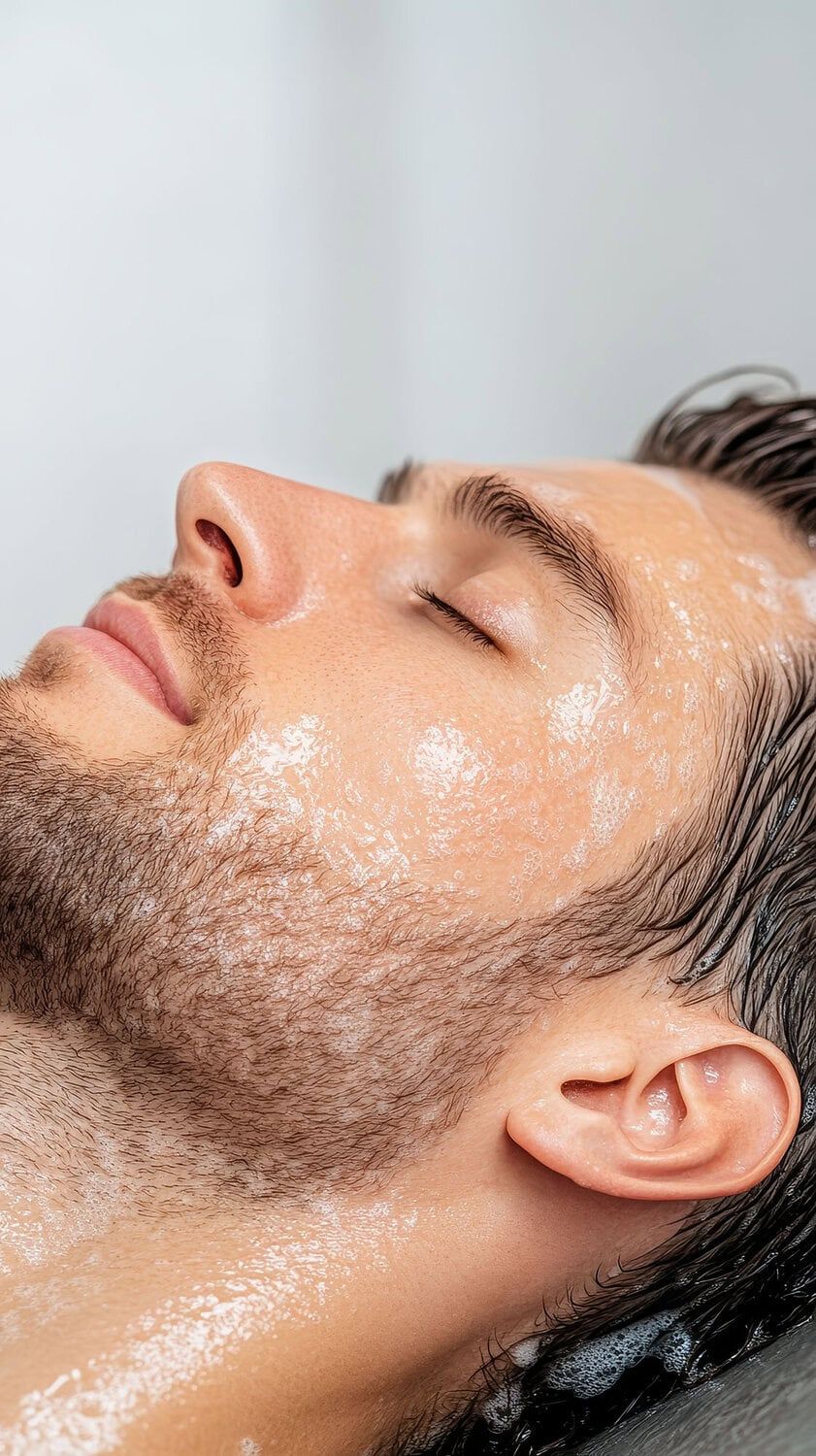 Ontspannende huidverzorgingsbehandeling voor mannen met ontspannend masker op gezicht.