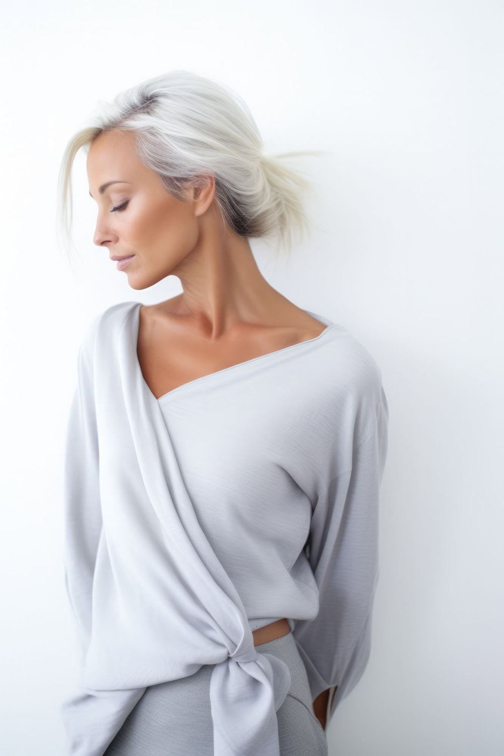 Stralende vrouw met witte haar, huidverzorging en anti-aging behandelingen, heldere uitstraling, lichte make-up, minimalistisch zwart-wit stijl, zelfzorg.