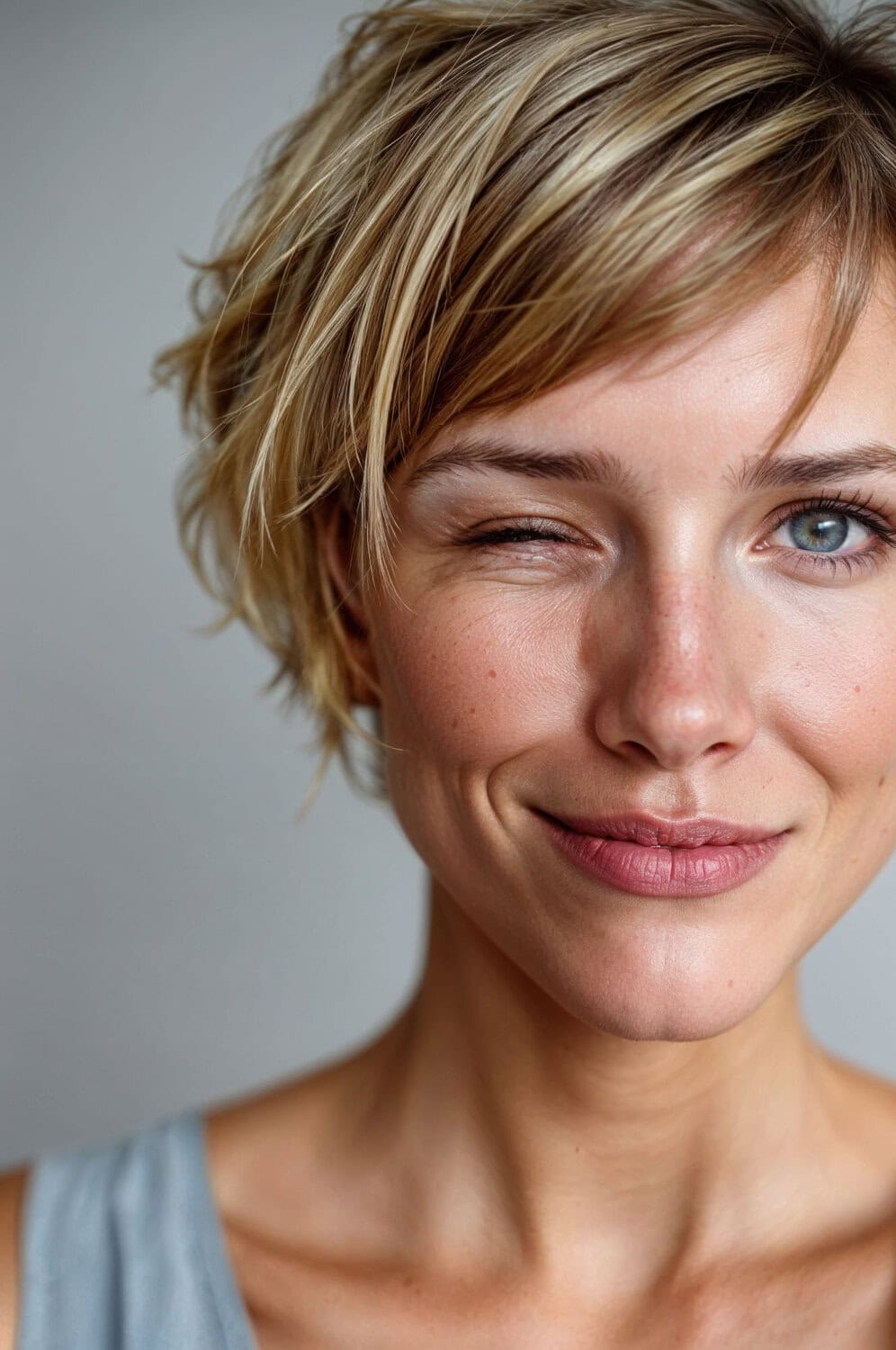 Glad woman with short blonde hair making a playful wink, skin care and beauty concept, close-up.