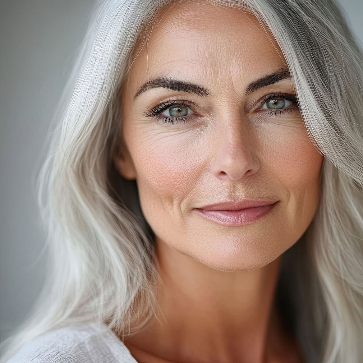 Stralende blonde vrouw met natuurlijke make-up, stralende huid en heldere ogen, in een close-up portret.
