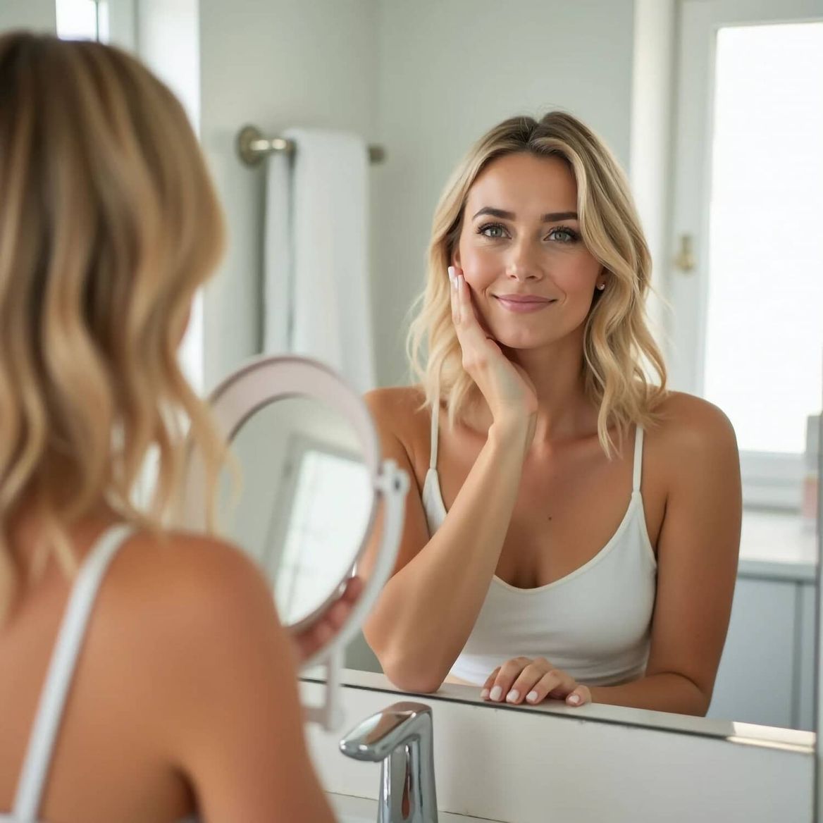 Stralende vrouw kijkt tevreden in spiegel na huidverzorgingsbehandeling bij glow clinic.