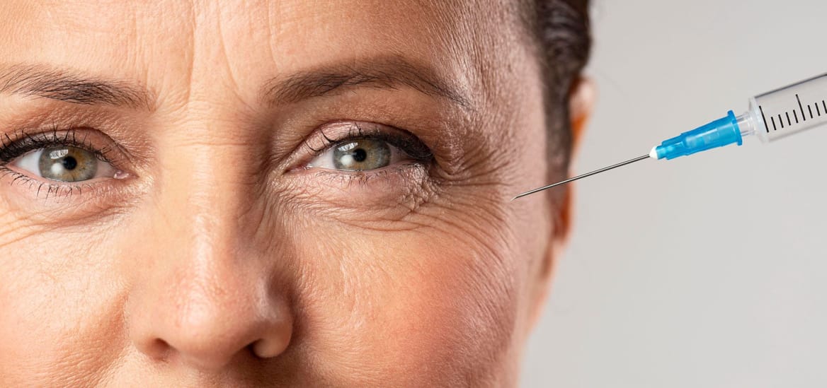 Natuurlijke huid met rimpels en sannere, vrouw krijgt een huidverjongende behandeling met filler injecties.