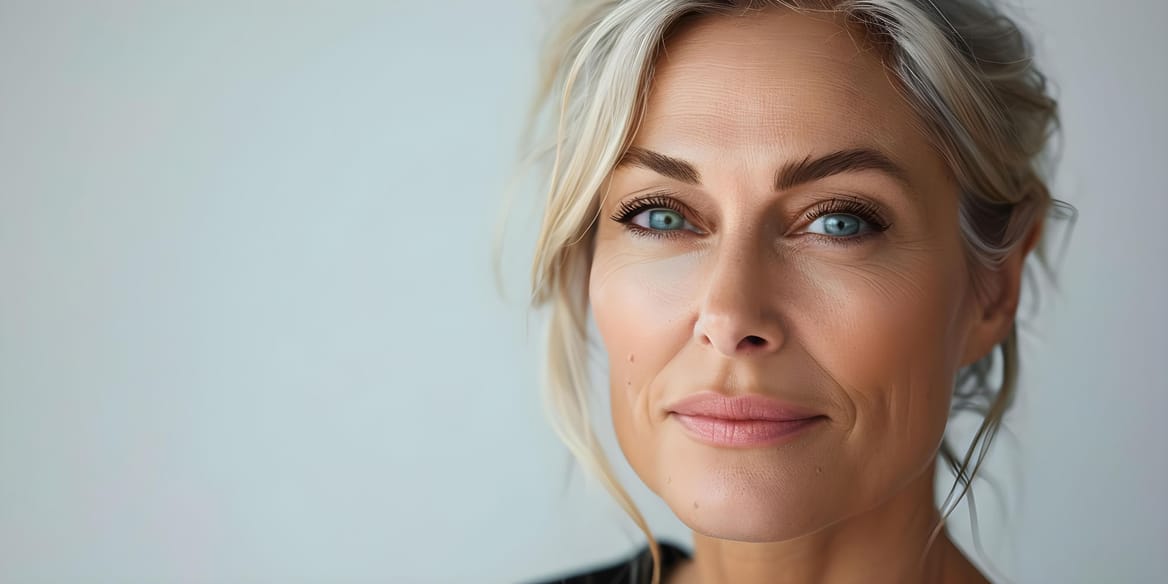 Stralende vrouw met gladde huid, na dermatologische huidbehandeling bij Glow Clinic.