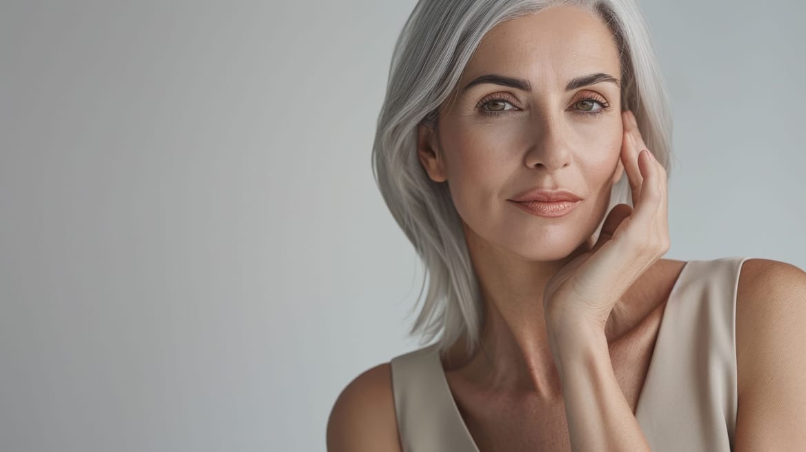 Stralende oudere vrouw met gladde huid en natuurlijke uitstraling, huidverbetering en anti-aging behandelingen.