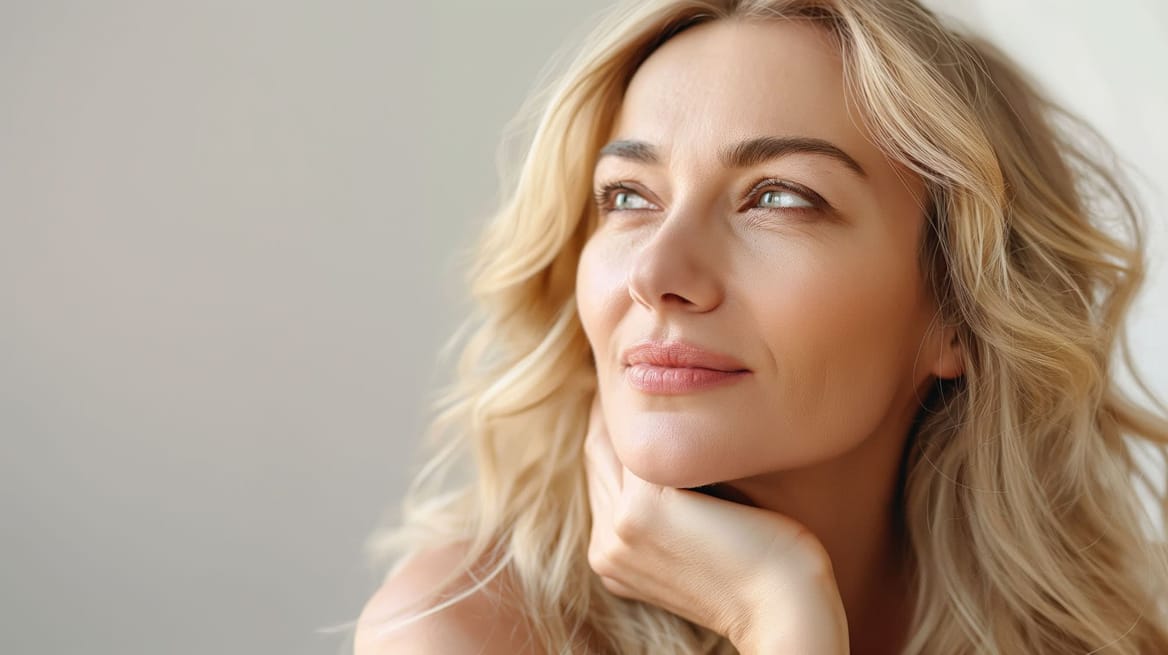 Stralende vrouw, huidverjonging, glow beauty, cosmetische behandeling, huidverbetering.