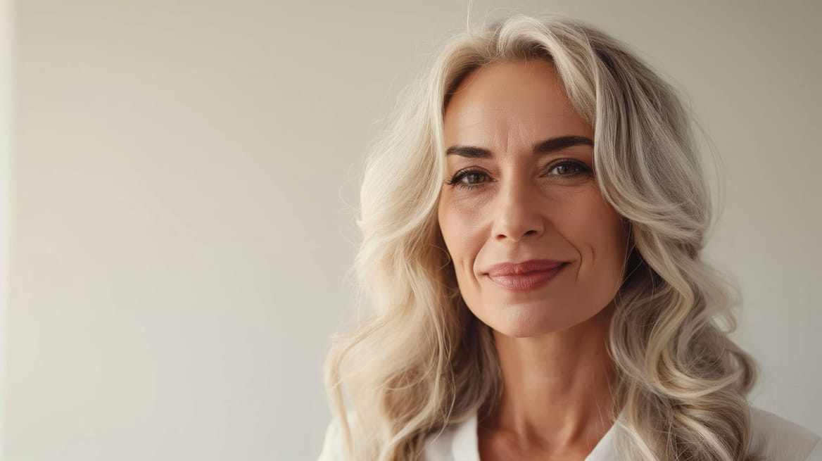Stralende ouder wordende vrouw met gezonde huid, specialisatie in huidverzorging en anti-aging behandelingen.