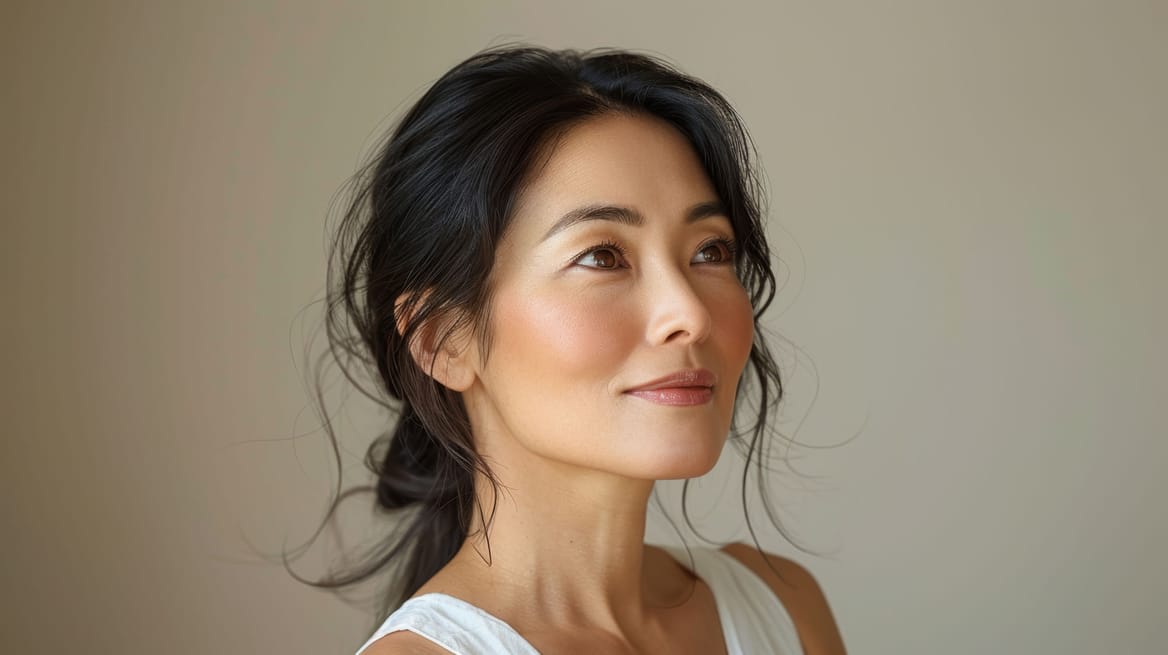 Stralende vrouw met gladde huid, geverfd haar en natuurlijke make-up, foto voor huidverbetering en cosmetische behandelingen.