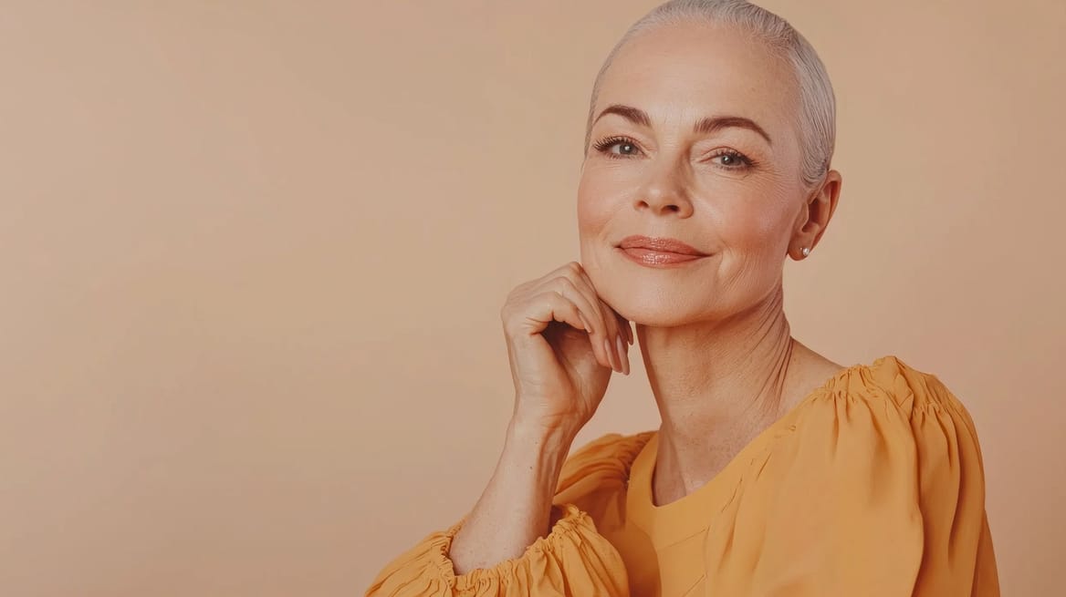 Stralende oudere vrouw met een gladde huid en korte zilvergrijze haren.