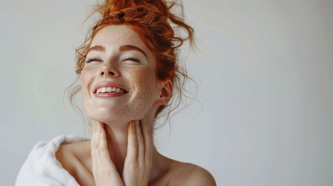 Stralende vrouw met mooie, egale huid na huidverbetering bij Glow Clinic.