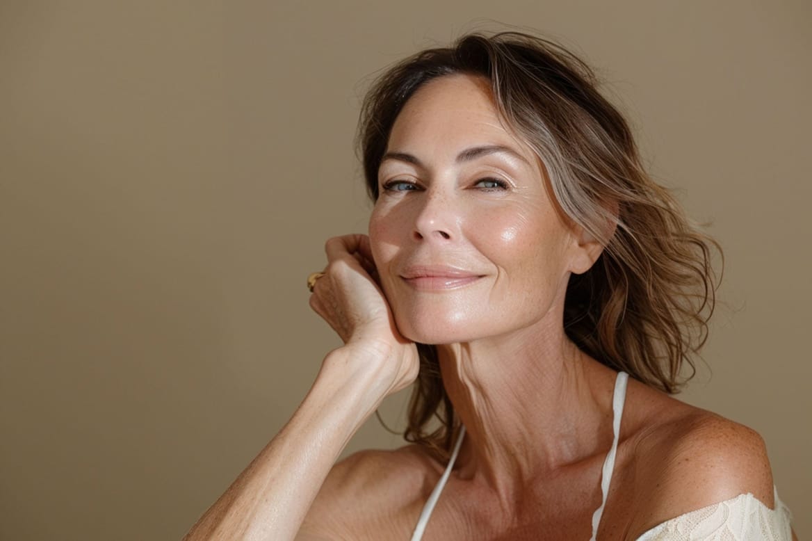 Stralende oudere vrouw met strakke huid en gezonde teint, mooi en natuurlijk gezicht.