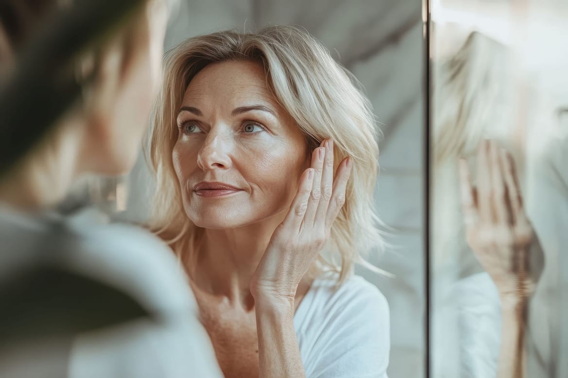 Stralende vrouw met jonge huid uitermate geschikt voor huidverbetering en anti-aging behandelingen.