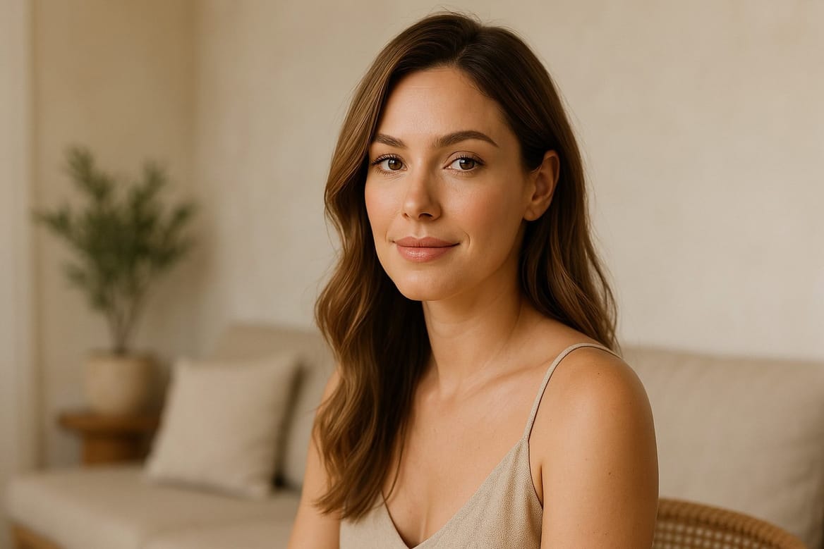 Stralende vrouw met mooie huid, tevreden klant van Glow Clinic voor huidverbetering en huidverjonging.