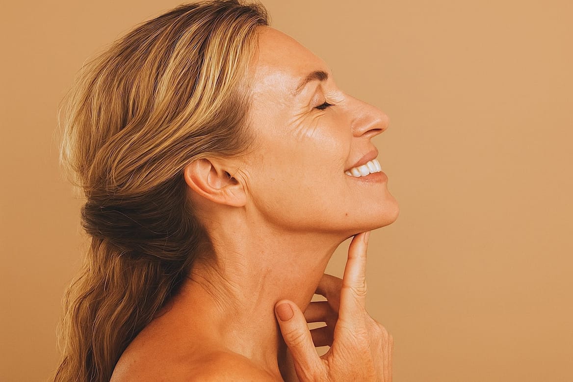 Stralende vrouw met gezonde huid na huidverjongingsbehandeling bij Glow Clinic.