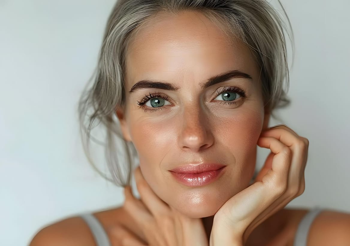 Stralende vrouw met vlakke huid, close-up, schoonheidsbehandeling en huidverbetering.