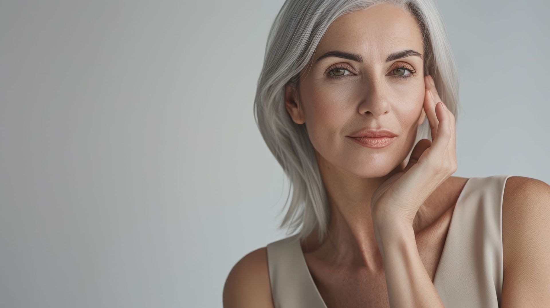 Stralende oudere vrouw met gladde huid en natuurlijke uitstraling, huidverbetering en anti-aging behandelingen.