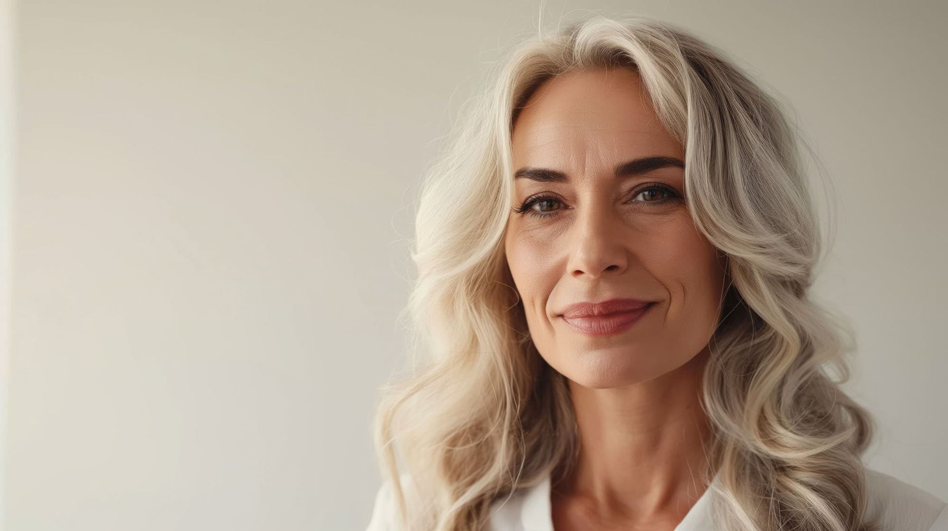 Stralende ouder wordende vrouw met gezonde huid, specialisatie in huidverzorging en anti-aging behandelingen.