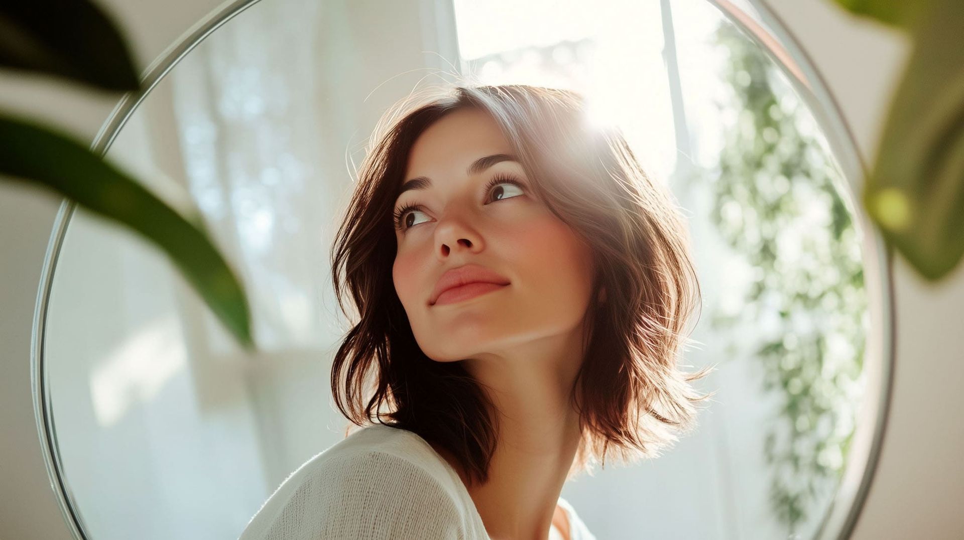 Stralende vrouw met een frisse huid, kijkend in een spiegel in een natuurlijke lichte ruimte.