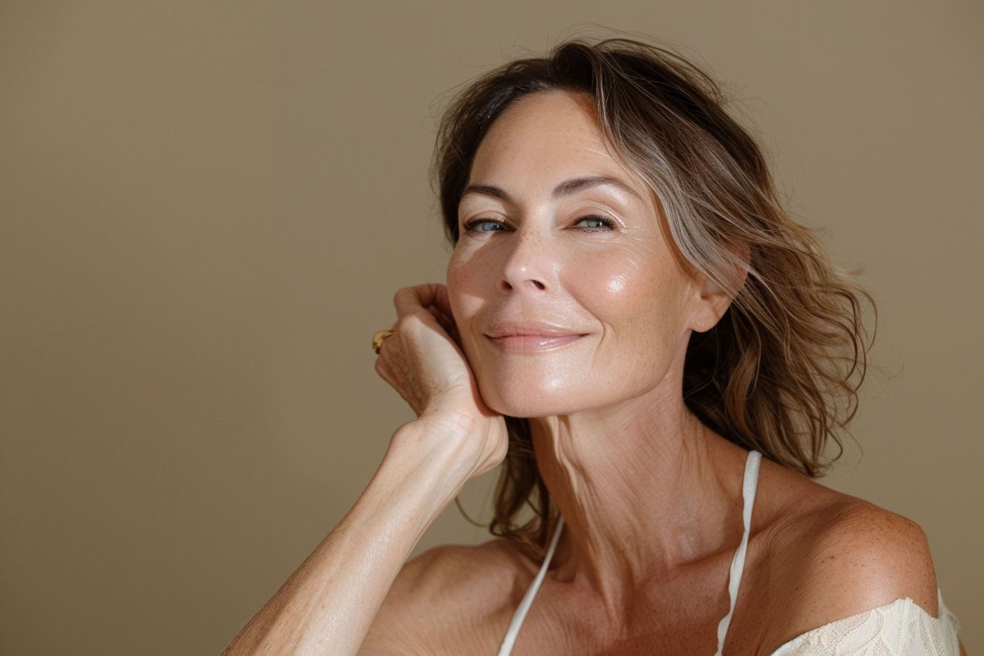 Stralende oudere vrouw met strakke huid en gezonde teint, mooi en natuurlijk gezicht.