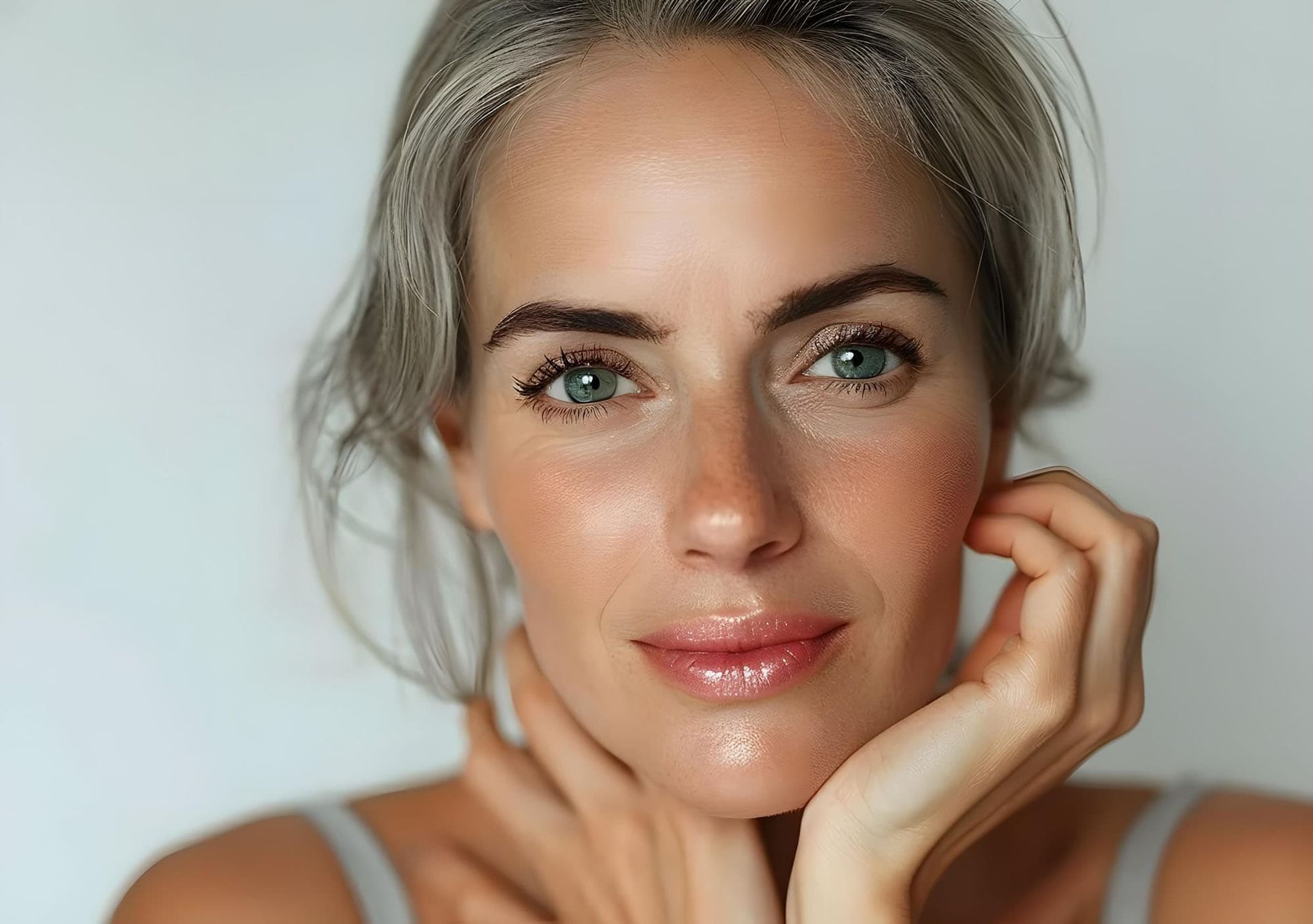 Stralende vrouw met vlakke huid, close-up, schoonheidsbehandeling en huidverbetering.