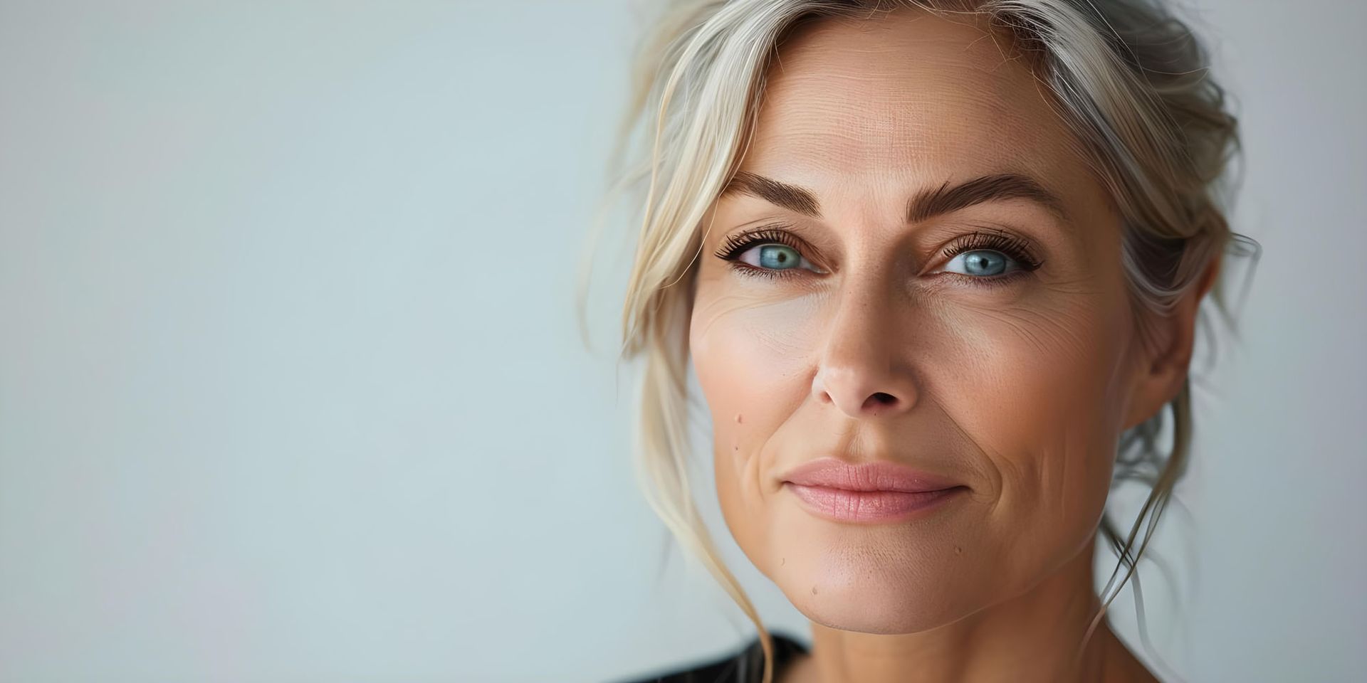 Stralende vrouw met gladde huid, na dermatologische huidbehandeling bij Glow Clinic.